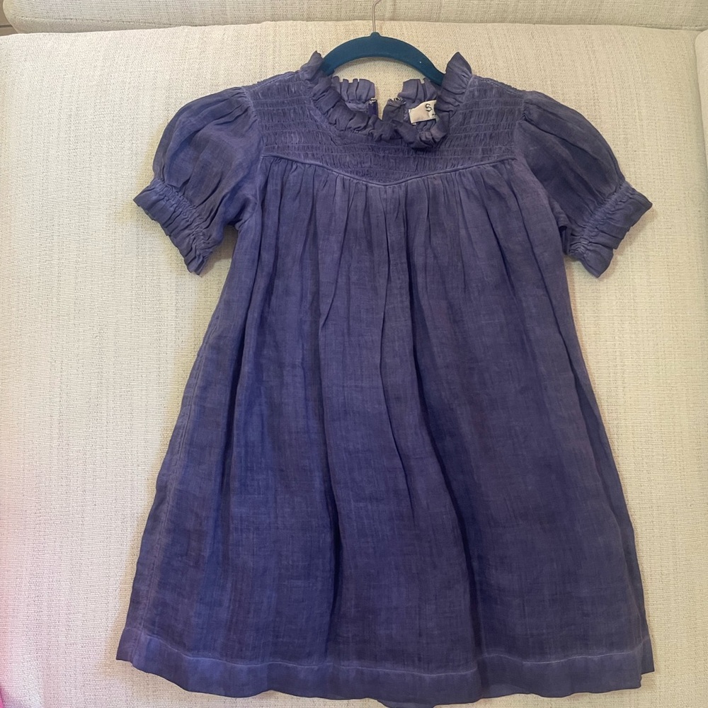 Purple Smocked A-line Dress with Puff Sleeves and Bib Collar